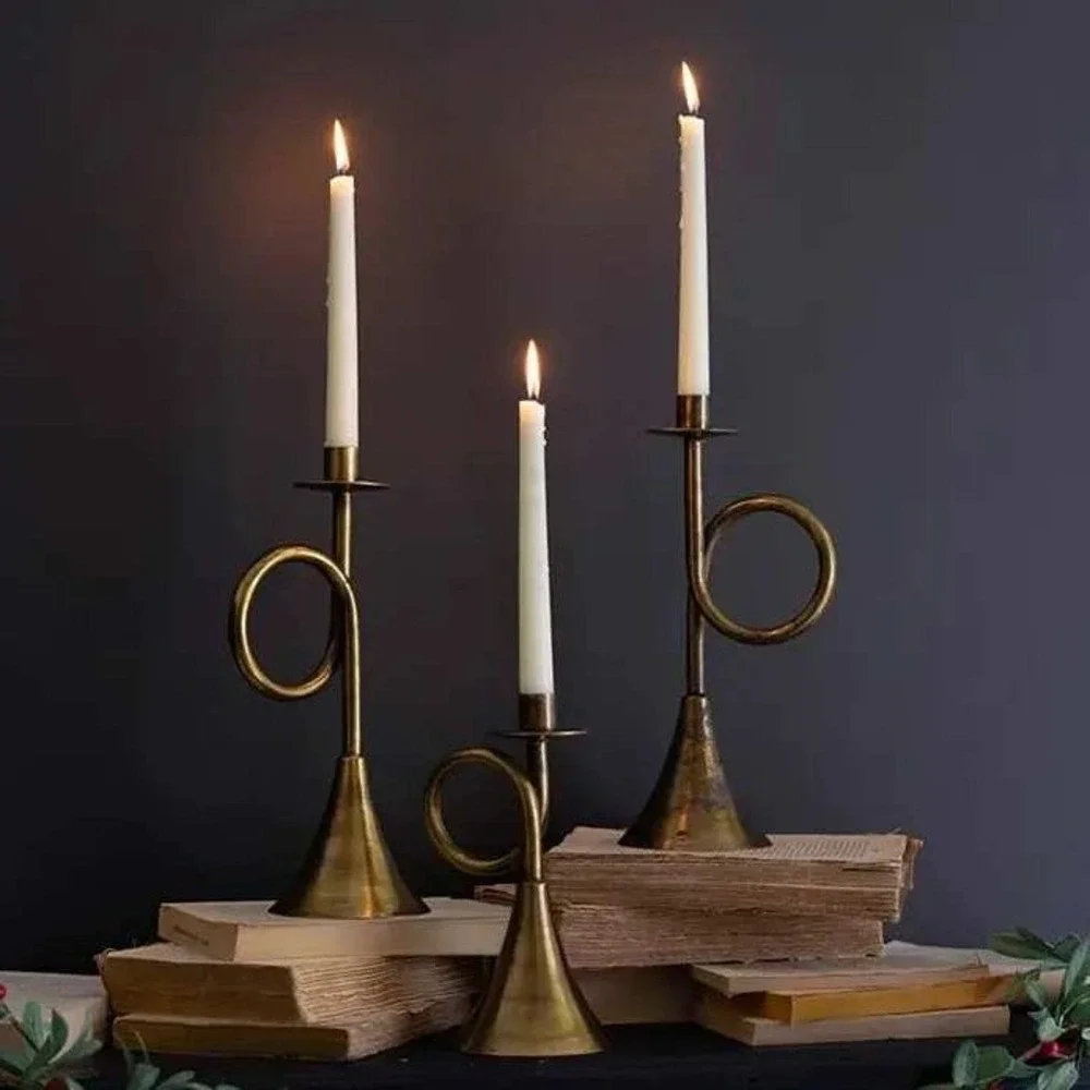 Antique Brass French Horn Taper Candle Holder Set 3 Vintage Style Candlesticks